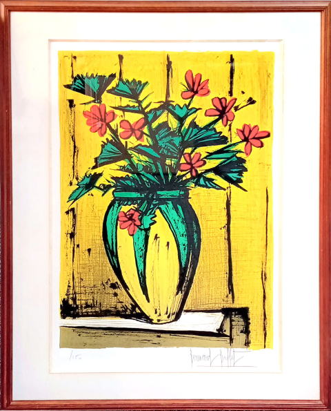 ビュッフェ 黄色い背景の赤い花 (花瓶の花) 1978年 リトグラフ